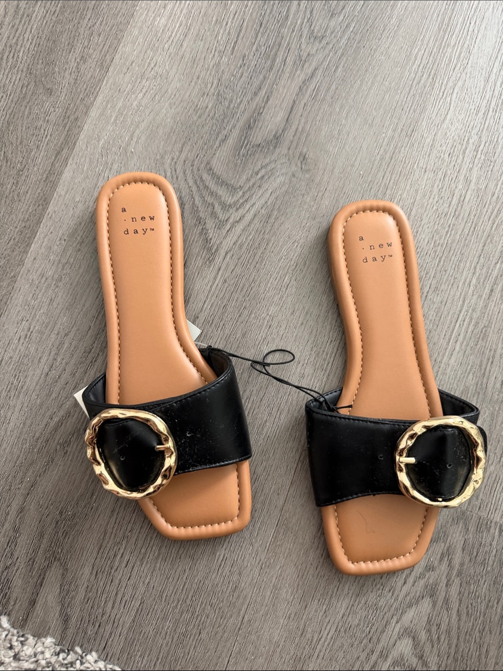 a new day Black Slide Sandals with Gold Buckle and Tan Footbed